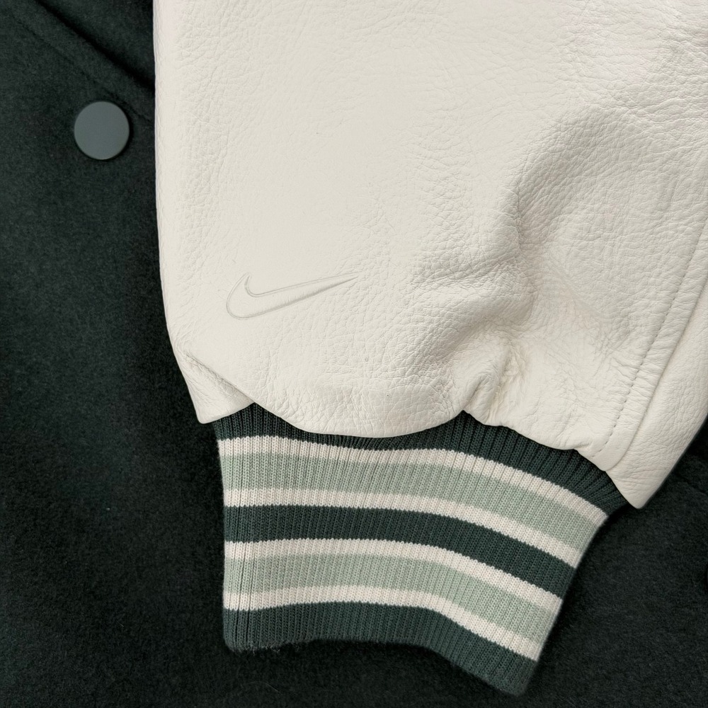 NWT Nike Destroyer Varsity Bomber Jacket Leather Green Cream $500 Retail Wmns L - Picture 7 of 16